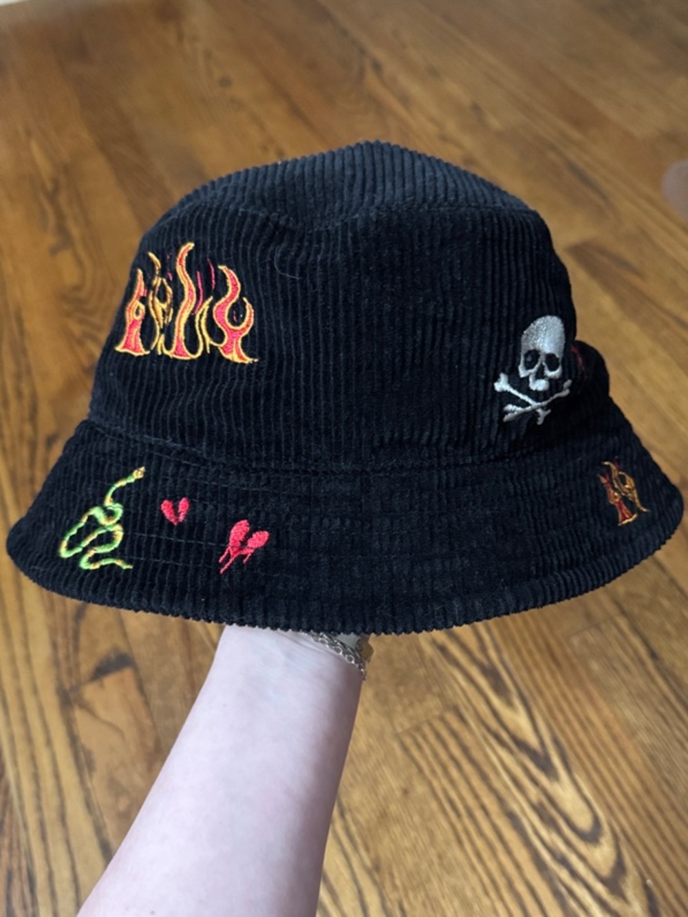 Urban Outfitters Black Corduroy Bucket Hat with Flame & Skull Embroidery